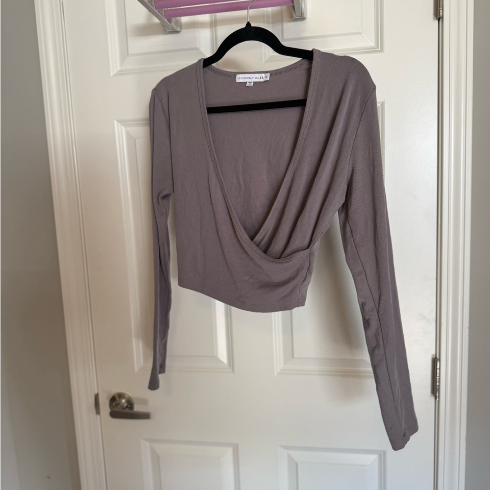 Sincerely Jules Taupe Long Sleeve Wrap cropped shirt